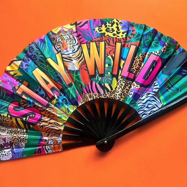 Stay Wild Large Hand Fan - Clacking folding statement fan, rave, festival, tiger, leopard, jungle, animal print, unique design