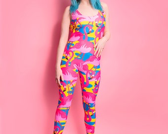 Flamingo Fiesta Catsuit - UV reactive, recycled lycra, festival outfit, rave, neon, unitard