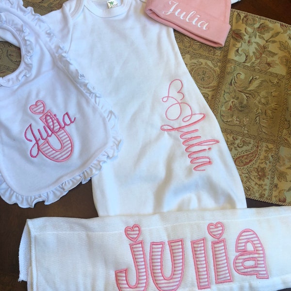 Personalized Baby Girl Gift Set - Newborn Gift Set - Infant Gown - Newborn Hat  Bib  Burp Cloth  Baby Shower - Maternity set- Going home set
