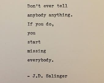 JD Salinger Catcher in the Rye Quote Hand Typed on an Antique Typewriter
