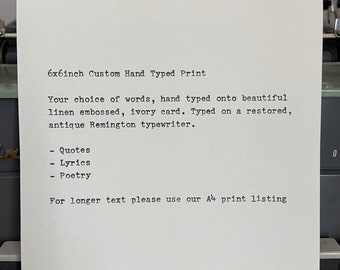 6x6 inch Custom Hand Typed Quote. Typed on an Antique Typewriter. Your own words (or someone else’s). Customised | Personalised