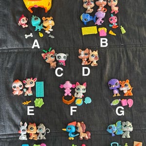 May include: A collection of colorful miniature animal figurines, including cats, dogs, and other creatures. The toys are accompanied by small accessories like bones, food, and decorative items. A yellow plastic carrying case is also present.