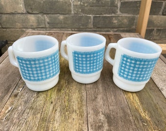 Juego de 3 tazas de café de cristal de leche con diseño de rey de fuego, a cuadros azules, con diseño de ancla y ancla.