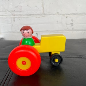Vintage Fisher Prijs Kleine Mensen Oranje Gele Tractor plastic