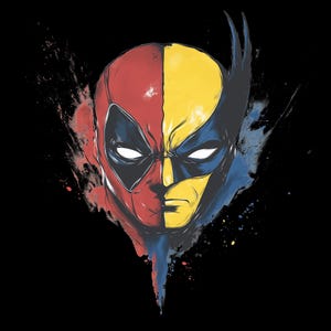 May include: A digital illustration of a superhero's face, split in half. The left side is red and black, representing Deadpool, and the right side is yellow and blue, representing Wolverine. The image is set against a black background with splashes of color.