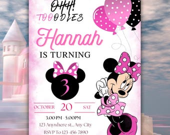 Invitación de cumpleaños de Minnie Mouse en acuarela, invitación rosa para fiesta (descarga digital)