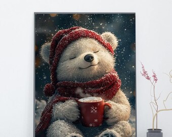 Weihnachts-Teddybär-Druck, verschneite Feiertagswandkunst (digitaler Download)