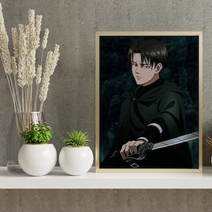 May include: A framed print depicting an anime character with black hair, clad in a dark green cloak, holding a sword. The backdrop is a dark forest. The frame is gold-coloured.