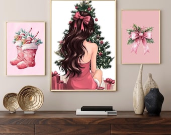 Pink Christmas Print Set, Girly Holiday Wall Art (Digital Download)