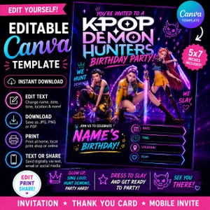 Sjabloon K-Pop demonenjagers verjaardagsuitnodiging, bewerkbare canva-uitnodiging, uitnodiging Kpop-feestje, uitnodiging mobiel, digitale download, Basic - 1
