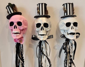 Skull walking stick, pink skull, skeleton wreath attachment, skeleton decor, Halloween wreath attachment, Halloween prop, Halloween decor