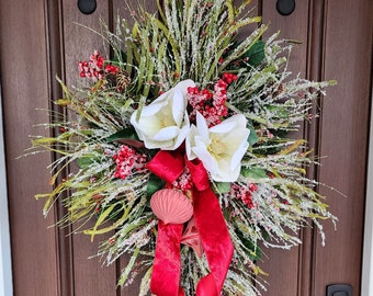 Magnolia farmhouse wreath, red white  holiday decor, Christmas wreath for front door, rustic decor, grey and white wreath, farmhouse decor,