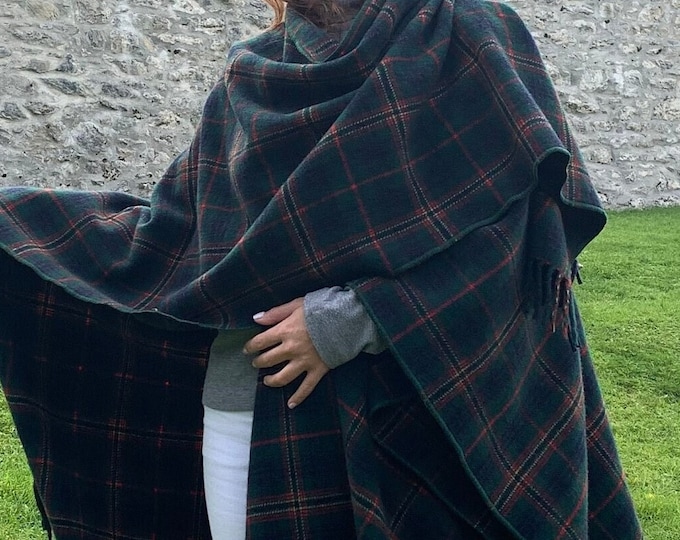Irish Lambswool/Merino Wool Cape, Ruana, Wrap, Shawl - 100% Pure New Wool - Kennedy Tartan Plaid - Supersoft - One Size- HANDMADE IN IRELAND