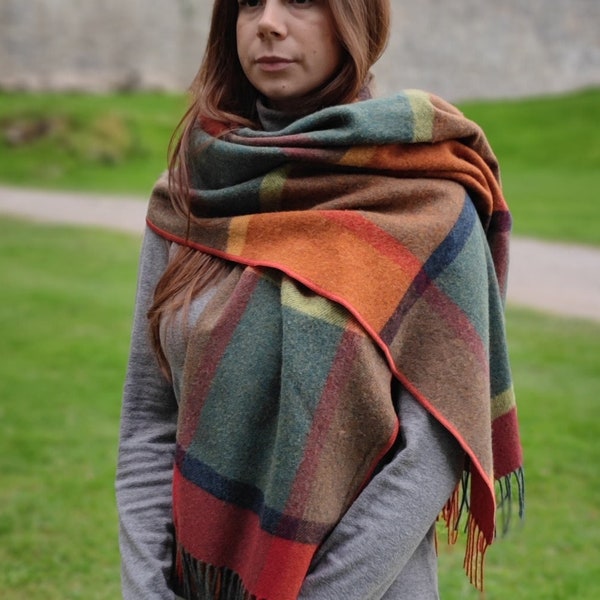 Irish Soft Lambswool Shawl,  Blanket Scarf, Stole - Orange/Green/Yellow/Wine Check - 100% Wool - 71"X20"(180cm x 50cm) - HANDMADE IN IRELAND