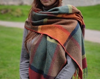 Irish Soft Lambswool Shawl,  Blanket Scarf, Stole - Orange/Green/Yellow/Wine Check - 100% Wool - 71"X20"(180cm x 50cm) - HANDMADE IN IRELAND