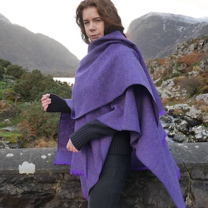 Irish Donegal Tweed Ruana, Wrap, Cape, Rectangle Cloak - Purple Herringbone - 100% Pure New Wool - HEAVY TWEED - Handmade in Ireland