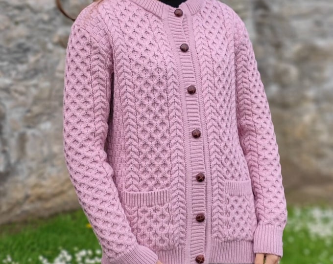 Irish Aran Merino Wool Cardigan Lumber Jacket - Rose Ash / Pink  -With Pockets - 100% Pure Merino Wool - Warm & Chunky - HANDMADE IN IRELAND