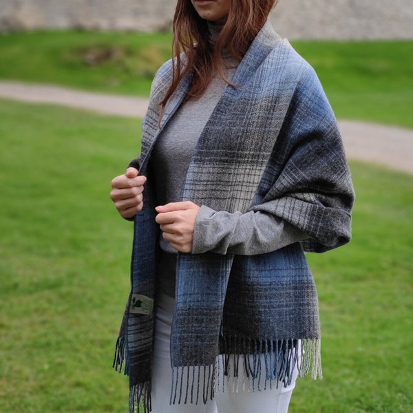 Irish Soft Lambswool Shawl, Oversized Scarf, Stole - Grey / Denim Check - 100% Pure New Wool - 71"X20"(180cm x 50cm) - HANDMADE IN IRELAND