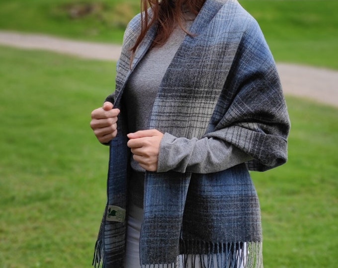 Irish Soft Lambswool Shawl, Oversized Scarf, Stole - Grey / Denim Check - 100% Pure New Wool - 71"X20"(180cm x 50cm) - HANDMADE IN IRELAND