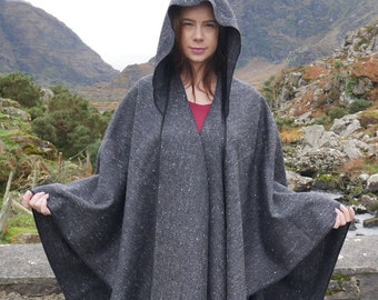 Irish Donegal Tweed Hooded Ruana, Wrap, Cape,  - Black/ Charcoal/ Grey Herringbone - 100% Pure New Wool - heavy tweed - HANDMADE IN IRELAND