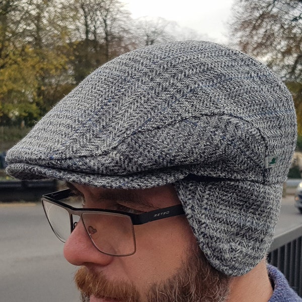 Traditional Irish Tweed Flat Cap - Grey/Blue Tartan/Plaid/Check - 100% Pure New Wool - Padded - With Foldable Ear Flaps -HANDMADE IN IRELAND