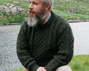 Traditional Aran Sweater - 100% Pure New Wool / Pure Soft Merino Wool  -Dark Green - Chunky & Heavy - Proper Irish Sweater - MADE IN IRELAND