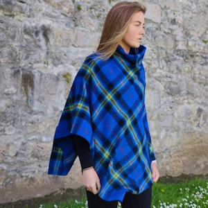 Irish Soft Lambswool Turtleneck Poncho - Blue/Lime Green/Navy/Red Plaid Check, Tartan - 100% Pure Lambswool - Warm&Soft -HANDMADE IN IRELAND