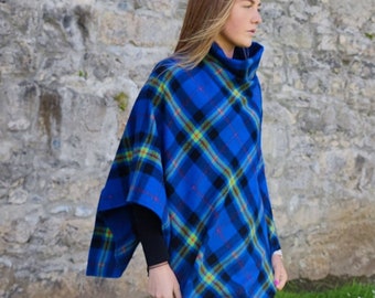 Irish Soft Lambswool Turtleneck Poncho - Blue/Lime Green/Navy/Red Plaid Check, Tartan - 100% Pure Lambswool - Warm&Soft -HANDMADE IN IRELAND