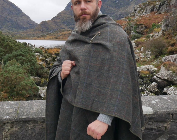 Irish Donegal Tweed Wool Cape, Ruana,Rectangle Cloak -Moss Green Herringbone With Overcheck- 100% Pure New Wool -Unisex- HANDMADE IN IRELAND