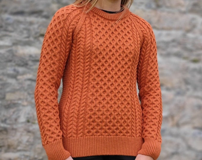 Ladies Irish Aran Merino Wool  Sweater  / Jumper - 100% Pure Merino Wool - Terracotta / Coral Rose  - Warm & Chunky - HANDMADE IN IRELAND