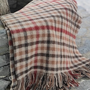 Large Irish Picnic Blanket / Throw - 54&quot; x 72&quot; (137 x 182cm) - 100% Pure New Wool - Beige Rust Brown Red Small Block Check - MADE IN IRELAND