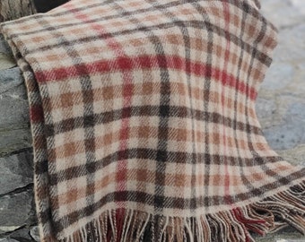 Large Irish Picnic Blanket / Throw - 54" x 72" (137 x 182cm) - 100% Pure New Wool - Beige Rust Brown Red Small Block Check - MADE IN IRELAND