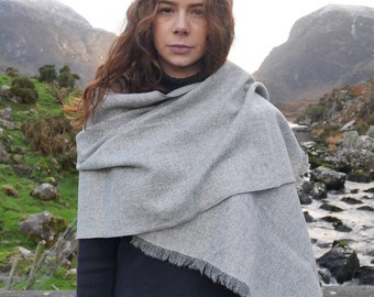 Irish Tweed Shawl, Oversized Scarf, Stole, Wrap -Grey & White herringbone - 100% Pure New Wool - Hand Fringed - HANDMADE IN IRELAND
