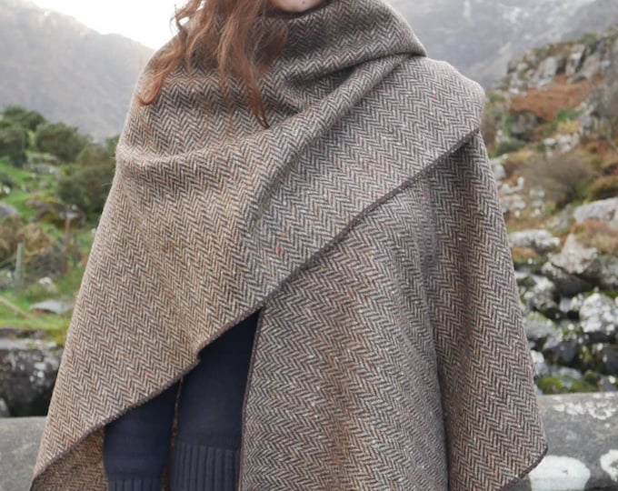 Irish Donegal Tweed Ruana, Wrap, Cape,  - Brown/Beige Herringbone With Multi-colour Fleck/Speckled -100% Pure New Wool - Handmade in Ireland
