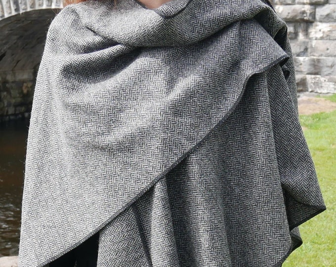 Irish Donegal Tweed Wool Ruana, Wrap, Cape, Cloak, Arisaid - Black/White  Herringbone - 100% Pure New Wool - Unisex - HANDMADE IN IRELAND