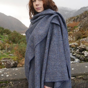 Irish Donegal Tweed Wool Ruana, Wrap, Cape, Arisaid -Speckled Blue/With Fleck/Salt&Pepper- 100% Pure New Wool - Unisex - HANDMADE IN IRELAND