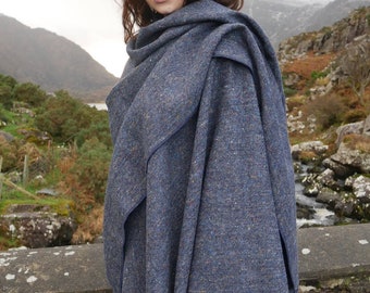 Irish Donegal Tweed Wool Ruana, Wrap, Cape, Arisaid -Speckled Blue/With Fleck/Salt&Pepper- 100% Pure New Wool - Unisex - HANDMADE IN IRELAND