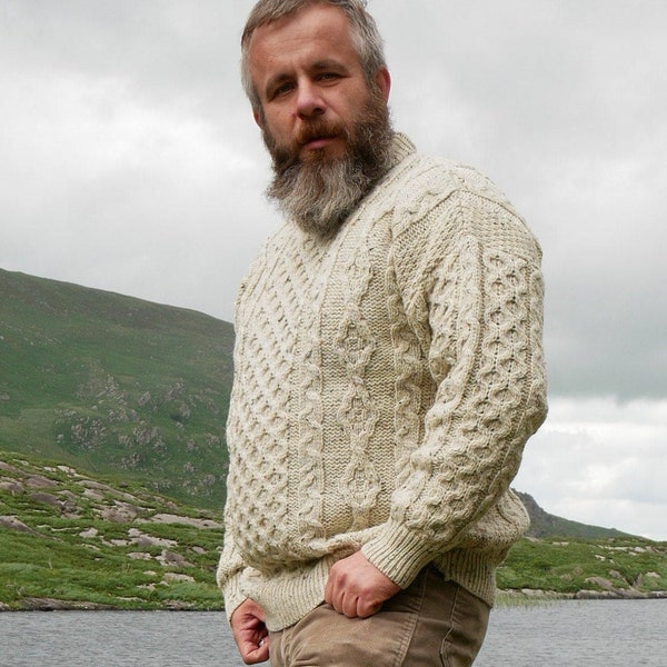 Traditional Aran Sweater – 100% Pure New Wool – Cream Donegal Fleck (Nep) – Warm & Chunky – Handmade in Ireland