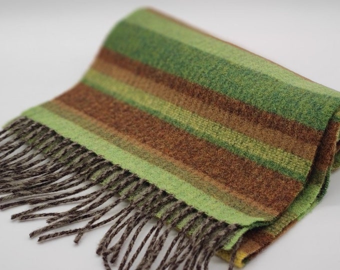 Irish Soft Lambswool Scarf - 100% Pure New Wool - Reversible - Brown/Green/Bronze  - Striped - 10" X 78" (25cmX200cm) - HANDMADE IN IRELAND