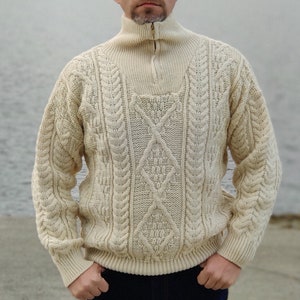 Organic Irish Wool Aran Half Zip Sweater Cream Undyed 100% Pure New Wool Chunky & Heavy Proper Aran Sweater MADE IN IRELAND image 2