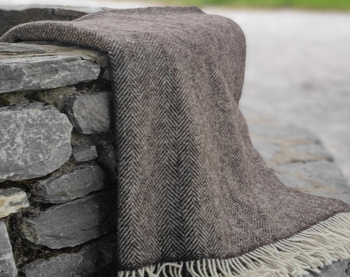 Natural Eco UNDYED Wool Blanket / Throw - 52" x 75" (132 x 190cm) - 100% Pure New Wool - Dark Grey Herringbone - MADE In IRELAND