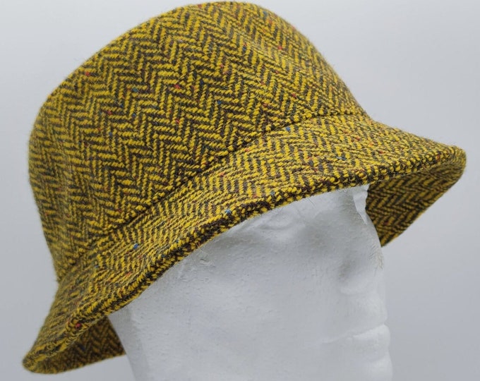 Ladies Irish Donegal Tweed Bucket Hat - Yellow/Black Herringbone With Fleck/Speckled - Lined - 2 Sizes Available - HAMDMADE IN IRELAND