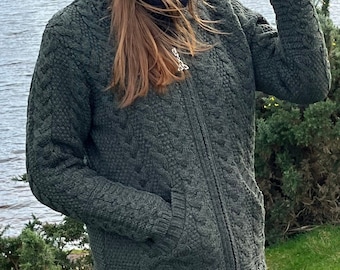 Irish Aran Long Hooded Cardigan With Pockets - Dark Green - Pure Merino Wool - 100% Wool - 2 Way Zipper -Really Warm&Chunky- MADE IN IRELAND