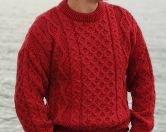 Traditional Aran Sweater - 100% Pure New Wool - Red - Chunky & Heavy - Proper Irish Sweater - MADE IN IRELAND - ready for shipping