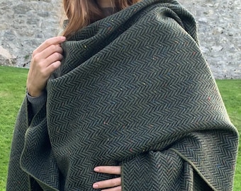 Irish Donegal Tweed Wool Ruana, Wrap, Cape, Cloak, Arisaid - Speckled Forest Green Herringbone - Unisex - Heavy Tweed - HANDMADE IN IRELAND