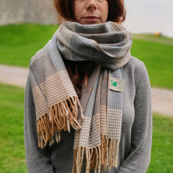 Irish Soft Lambswool Shawl, Oversized Scarf, -Cream Taupe/Denim Check Check- 100% Wool -Really Warm-71"X20"(180cmx50cm) -HANDMADE IN IRELAND