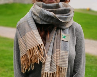 Irish Soft Lambswool Shawl, Oversized Scarf, -Cream Taupe/Denim Check Check- 100% Wool -Really Warm-71"X20"(180cmx50cm) -HANDMADE IN IRELAND