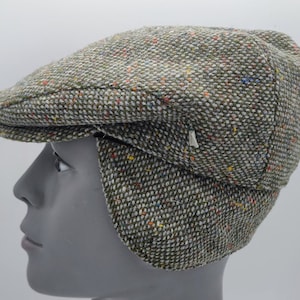 Donegal Irish Tweed Flat Cap with Foldable Earflaps - Green/Grey  Fleck / Speckled  - 100% Pure New Wool - Padded - HANDMADE IN IRELAND