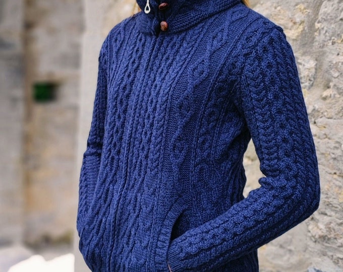 Irish Aran Ladies Zipper Long Cardigan / Jacket With Pockets - 100% Pure Merino Wool - Deep Water Blue / Navy -Soft&Chunky - MADE IN IRELAND
