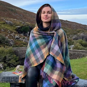 Hooded Supersoft Lambswool Cape, Ruana, Wrap , Shawl - 100% Pure New Wool - Multicolour  Check - One Size Fits All - HANDMADE IN IRELAND